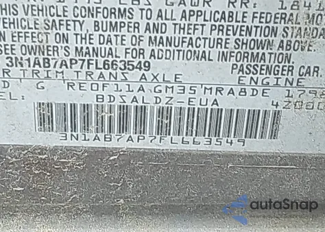 2015 Nissan Sentra Fe+ S/S/Sl/Sr/Sv z USA, uszkodzony, nr VIN 3N1AB7AP7FL663549